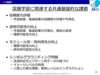 国立研究開発法人 産業技術総合研究所 人工知能研究センター
深層学習に関連する共通基盤的な課題
• 信頼度の評価
– 学習結果、推論結果の信頼度の評価や可視化
• 説明可能性の向上
– 学習結果、推論結果の可視化、理由の説明
– 理解可能性の向上
• モジュール性・再利用性の向上
– 理解可能性の向上
– 再利用可能性の向上
• シンボルグラウンディング問題
– 言語的記号とパターン的データの紐づけ
– イメージレベルの利用
– 人間との相互理解、意味レベルのインタラクション
15
 