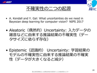 国立研究開発法人 産業技術総合研究所 人工知能研究センター
不確実性の二つの起源
• A. Kendall and Y. Gal: What uncertainties do we need in
Bayesian deep learning for computer vision? NIPS 2017
• Aleatoric（偶然的）Uncertainty: 入力データの
雑音などに由来する推論結果の不確実性（デー
タサイズに依らず存在）
• Epistemic（認識的） Uncertainty: 学習結果の
モデルの不確実性に由来する推論結果の不確実
性（データが大きくなると減少）
18
 