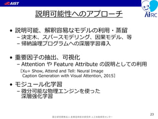 国立研究開発法人 産業技術総合研究所 人工知能研究センター
説明可能性へのアプローチ
• 説明可能、解釈容易なモデルの利用・蒸留
– 決定木、スパースモデリング、因果モデル、等
– 帰納論理プログラムへの深層学習導入
• 重要因子の抽出、可視化
– Attention や Feature Attribute の説明としての利用
• モジュール化学習
– 微分可能な物理エンジンを使った
深層強化学習
23
［Xu+ Show, Attend and Tell: Neural Image
Caption Generation with Visual Attention, 2015］
 
