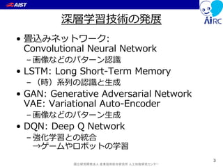 国立研究開発法人 産業技術総合研究所 人工知能研究センター
深層学習技術の発展
• 畳込みネットワーク:
Convolutional Neural Network
– 画像などのパターン認識
• LSTM: Long Short-Term Memory
– （時）系列の認識と生成
• GAN: Generative Adversarial Network
VAE: Variational Auto-Encoder
– 画像などのパターン生成
• DQN: Deep Q Network
– 強化学習との統合
→ゲームやロボットの学習
3
 