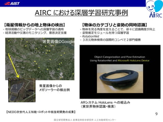 国立研究開発法人 産業技術総合研究所 人工知能研究センター
AIRC における深層学習研究事例
9
【衛星情報からの地上物体の検出】
- 地球規模のビッグデータへの深層学習の適用
- 経済活動や災害のモニタリング、意思決定支援
衛星画像からの
メガソーラーの検出例
背景画像©Google
【物体のカテゴリと姿勢の同時認識】
- 物体を見る角度を変えることで、徐々に認識精度が向上
- 姿勢推定モジュールを持つ深層学習
- RotationNet
- ３次元物体検索の国際的コンペで２部門優勝
ARシステム HoloLens への組込み
（実世界物体認識・検索）
【NEDO次世代人工知能・ロボット中核技術開発の成果】
 