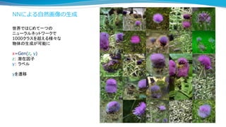NNによる自然画像の生成
世界ではじめて一つの
ニューラルネットワークで
1000クラスを超える様々な
物体の生成が可能に
x=Gen(z, y)
z: 潜在因子
y: ラベル
yを遷移
 