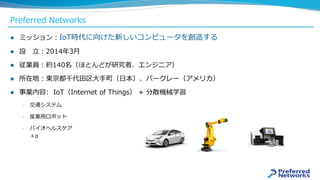 Preferred Networks
 ミッション：IoT時代に向けた新しいコンピュータを創造する
 設 立：2014年3月
 従業員：約140名（ほとんどが研究者、エンジニア）
 所在地：東京都千代田区大手町（日本）、バークレー（アメリカ）
 事業内容: IoT（Internet of Things） + 分散機械学習
– 交通システム
– 産業用ロボット
– バイオヘルスケア
＋α
 