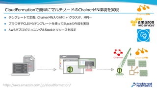 CloudFormationで簡単にマルチノードのChainerMN環境を実現
 テンプレートで定義: ChainerMN入りAMI + クラスタ、MPI…
 ブラウザやCLIからテンプレートを使ってStackの作成を実効
 AWSがプロビジョニング＆Stackとリソースを設定
https://aws.amazon.com/jp/cloudformation/
 