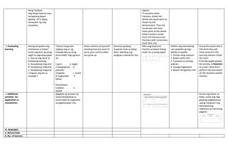 Ating Tandaan
Ang bawat bata ay may
karapatang dapat
igalang. Ito‟y dapat
tamasahin ng may
kasiyahan.
objects.
To visualize other
fractions, divide the
whole into equal parts as
shown by the
denominator. Then the
numerator tells how
many parts of the whole.
Other fractions (aside
from unit fractions) are
fractions with numerators
more than one.
I. Evaluating
learning
Anong karapatan ang
tinatamasa ni Kaloy?
Isulat ang letra ng iyong
sagot sa sagutang papel.
1. Siya ay nag-aaral sa
ikalawang baitang.
A. Karapatang mag-aral
B. Karapatang mabuhay
C. Karapatang magsulat
( tingnan ang iba sa
tarpapel )
Tukuyin kung saan
angkop ang uri ng
hanapbuhay sa isang
komunidad. Pag-ugnayin
ito.
1.guro a. dagat
2.mangingisda b.
paaralan
3.kapitan c. bukid
4. magsasaka d.
bahay -
Pamahalaan
5.doktor e.
ospital
Draw a picture of yourself
showing how you want to
serve your country when
you grow up.
Kumuha ng ibang
kuwento mula sa ibang
aklat. Ipatukoy ang
sangkap o elemento nito.
Piliin ang hindi unit
fraction sa bawat bilang.
Isulat ito sa iyong papel.
Sabihin ang mensaheng
nais ipabatid ng mga
babala at paalala.
1. Pumila nang maayos!
2. Bawal umihi rito!
3. Tumawid sa tamang
tawiran.
4. Huwag magtulakan
5. Bawal manigarilyo rito!
Group the pupils into 3.
Tell them they will
move around in the
learning stations inside
the room.
the activity in Palalimin
on p.442. Have them
perform the task based
on the situation posted
thereon.
J. Additional
activities for
application or
remediation
Magdala ng larawan ng
isang hanapbuhay sa
komunidad at maghanda
sa paglalarawan nito
Punan ang talaan sa
ibaba. Isulat ang mga
gawaing pagbabantay
upang maiwasan ang
karamdamang
nakukuha sa maruming
pagkain.
IV. REMARKS
V. REFLECTION
A..No. of learners
 