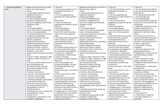pagsisimula ng bagong
aralin
pagtigil ng awit ang batang may hawak
ng bola ang siyang sasagot sa
tanong.
a. Anong naging magandang dulot ng
pagbubukas ng bansa sa
kalakalang pandaigdig?
b. Anong mahalagang bahaging
ginampanan ng pagbubukas ng
Suez Canal sa paggising ng damdaming
makabayan ng mga
Pilipino?
3. Panimulang Pagtataya
Panuto: Piliin ang titik ng tamang sagot.
Isulat sa inyong sagutang papel.
1. Dumating ang liberalismo sa Pilipinas
at nagkaroon ng pagkakataon
ang mga Pilipinong maranasan ang
kalayaan sa pagsasalita,
pagpupulong at ipinarating sa
pamahalaan ang kanilang karaingan
matapos magtagumpay ang mga
rebolusyunaryo laban sa hukbo ni
Reyna Isabel II. Kailan sumiklab ang
himagsikan sa Cadiz, Spain
laban sa walang takdang pamamahala ng
reyna?
A. Agosto 9, 1868 C. Setyembre 9, 1868
B. Agosto 19, 1868 D. Setyembre 19,
1868
2. Ibinatay sa panahon ng liberalismo sa
Spain ang mga patakarang
ipinatupad sa Pilipinas. Kaninong
panunungkulan nangibabaw ang
liberalismo sa bansa?
A. Gob-Hen. Ramon Blanco
B. Gob-Hen. Carlos Maria Dela Torre
C. Gob-Hen. Primo de Rivera
D. Gob-Hen. Camilo Polavieja
3. Maraming pagbabago sa pamamahala
ang ipinakilala ni Gobernador-
Heneral Dela Torre. Alin sa mga
sumusunod ang HINDI kabilang sa
mga pagbabago sa ilalim ng
pamahalaang liberal?
A. Pakikipag-usap sa pinuno ng mga nag-
alsang magsasaka sa isang
hacienda sa Imus
B. Pagwawakas sa pag-eespiya sa mga
pahayagan at paghihikayat
2. Balik-aral
a. Sino ang nanunungkulan noon na
nangibabaw ang liberalism sa
Pilipinas?
b. Ano-anong pagbabago ang
ipinatupad niya sa ilalim ng liberal
na
pamamahala?
c. Paano ito nakatulong sa
pagpapaigting ng pagnanais ng mga
Pilipinong
makamit ang kalayaan?
3. Panimulang Pagtataya
Panuto: Piliin ang titik ng tamang
sagot. Isulat sa inyong sagutang
papel.
1. Nanawagan ang maraming paring
Pilipino ng reporma sa loob ng
simbahang Katoliko dahil sa
paghahangad nilang maisalin sa
kanila ang
pamamahala ng mga parokya mula
sa kamay ng mga ordeng regular.
Ano ang tawag sa panawagang ito?
A. Asimilasyon C. Rebolusyon
B. Pilipinisasyon D. Sekularisasyon
2. Bumuo ng Kilusang
Sekularisasyon ng mga Parokya ang
mga paring
sekular upang ipaglaban ang
kanilang mga karapatan. Sino ang
mestisong paring Espanyol ang
namuno dito?
A. Padre Jose Burgos C. Padre Pedro
Pelaez
B. Padre Jacinto Gomez D. Padre
Jacinto Zamora
3. Nahatulan ang tatlong paring
martir ng kamatayan matapos
mapagbintangang namuno sa pag-
aalsa laban sa mga opisyal ng
arsenal sa Cavite. Anong naging
pamamaraan ang inihatol sa kanila?
A. Garote C. Lethal Injection
B. Pagpugot ng ulo D. Silya Elektrika
4. Maraming Pilipino ang nahatulan
ng kamatayan. Sino-sino ang
tinaguriang tatlong paring martir na
nahatulan ng kamatayan?
pagtigil ng awit ang batang may hawak ng
bola ang siyang sasagot sa
tanong.
a. Anong naging magandang dulot ng
pagbubukas ng bansa sa
kalakalang pandaigdig?
b. Anong mahalagang bahaging
ginampanan ng pagbubukas ng
Suez Canal sa paggising ng damdaming
makabayan ng mga
Pilipino?
3. Panimulang Pagtataya
Panuto: Piliin ang titik ng tamang sagot.
Isulat sa inyong sagutang papel.
1. Dumating ang liberalismo sa Pilipinas at
nagkaroon ng pagkakataon
ang mga Pilipinong maranasan ang
kalayaan sa pagsasalita,
pagpupulong at ipinarating sa pamahalaan
ang kanilang karaingan
matapos magtagumpay ang mga
rebolusyunaryo laban sa hukbo ni
Reyna Isabel II. Kailan sumiklab ang
himagsikan sa Cadiz, Spain
laban sa walang takdang pamamahala ng
reyna?
A. Agosto 9, 1868 C. Setyembre 9, 1868
B. Agosto 19, 1868 D. Setyembre 19, 1868
2. Ibinatay sa panahon ng liberalismo sa
Spain ang mga patakarang
ipinatupad sa Pilipinas. Kaninong
panunungkulan nangibabaw ang
liberalismo sa bansa?
A. Gob-Hen. Ramon Blanco
B. Gob-Hen. Carlos Maria Dela Torre
C. Gob-Hen. Primo de Rivera
D. Gob-Hen. Camilo Polavieja
3. Maraming pagbabago sa pamamahala
ang ipinakilala ni Gobernador-
Heneral Dela Torre. Alin sa mga
sumusunod ang HINDI kabilang sa
mga pagbabago sa ilalim ng pamahalaang
liberal?
A. Pakikipag-usap sa pinuno ng mga nag-
alsang magsasaka sa isang
hacienda sa Imus
B. Pagwawakas sa pag-eespiya sa mga
pahayagan at paghihikayat
sa kalayaan sa pamamahayag
2. Balik-aral
a. Sino ang nanunungkulan noon na
nangibabaw ang liberalism sa
Pilipinas?
b. Ano-anong pagbabago ang
ipinatupad niya sa ilalim ng liberal na
pamamahala?
c. Paano ito nakatulong sa
pagpapaigting ng pagnanais ng mga
Pilipinong
makamit ang kalayaan?
3. Panimulang Pagtataya
Panuto: Piliin ang titik ng tamang
sagot. Isulat sa inyong sagutang
papel.
1. Nanawagan ang maraming paring
Pilipino ng reporma sa loob ng
simbahang Katoliko dahil sa
paghahangad nilang maisalin sa
kanila ang
pamamahala ng mga parokya mula
sa kamay ng mga ordeng regular.
Ano ang tawag sa panawagang ito?
A. Asimilasyon C. Rebolusyon
B. Pilipinisasyon D. Sekularisasyon
2. Bumuo ng Kilusang Sekularisasyon
ng mga Parokya ang mga paring
sekular upang ipaglaban ang kanilang
mga karapatan. Sino ang
mestisong paring Espanyol ang
namuno dito?
A. Padre Jose Burgos C. Padre Pedro
Pelaez
B. Padre Jacinto Gomez D. Padre
Jacinto Zamora
3. Nahatulan ang tatlong paring
martir ng kamatayan matapos
mapagbintangang namuno sa pag-
aalsa laban sa mga opisyal ng
arsenal sa Cavite. Anong naging
pamamaraan ang inihatol sa kanila?
A. Garote C. Lethal Injection
B. Pagpugot ng ulo D. Silya Elektrika
4. Maraming Pilipino ang nahatulan
ng kamatayan. Sino-sino ang
tinaguriang tatlong paring martir na
nahatulan ng kamatayan?
A. Padre Jose Burgos C. Padre
Mariano Gomez
2. Balik-aral
a. Ano ang naging sanhi ng rebelyon
o pag-aalsa ng mga Pilipino laban sa
mga Espanyol?
b. Sino ang tatlong paring martir?
c. Ano ang ipinakita nila?
3. Panimulang Pagtataya
Panuto: Basahing mabuti ang bawat
tanong. Piliin at isulat ang titik nang
tamang sagot.
1. Nagpatuloy ang kalupitan ng mga
Espanyol at ang katiwalian sa
pamahalaang kolonyal. Ito ang
nagbunsod sa mga Pilipino upang
bumuo
ng isang kilusan kung saan ito ay
isang mapayapang kampanya para sa
mga reporma sa pamamagitan ng
talumpati at pamamahayag. Ano ito?
A. KKK C. La Liga Filipina
B. HUKBALAHAP D. Kilusang
Propaganda
2. Maraming naging layunin ang
pagkakatatag ng Kilusang
Propaganda.Alin sa mga sumusunod
ang HINDI kabilang sa naging
layunin?
A. Gawin ang Pilipinas na isang
regular na lalawigan ng Spain.
B. Magkaroon ng kinatawang Pilipino
sa korte ng Spain.
C. Maging malaya at mapang abuso
ang mga Pilipino
D. Mabigyan ang mga Pilipino ng mga
karapatan at pribilehiyo
na tinatamasa ng mga Espanyol.
3. Ang samahang itinatag ni Dr. Jose
Rizal sa kanyang pagbabalik sa
Pilipinas noong Hulyo 3,1892 ay may
mga layunin tulad ng pagkakaisa
ng buong bansa, proteksyon para sa
lahat, pagtatanggol laban sa
kaguluhan, pagpapaunlad ng
edukasyon at pagsasagawa ng
reporma.
Anong samahan ito?
A. La Liga Filipina C. Katipunero
B. Kilusang Propaganda D. La
Solidaridad
 
