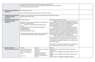 •Ano kaya ang sitwasyon natin ngaun kung hindi nagkaroon ng mga pag-aalsa?
•Sa palagay ninyo, ano kaya ang naidulot ng hindi mabilang na pag-aalsa ng mga sinaunang Pilipino?
2.Isulat sa pisara ang mga sagot ng mga bata.
C. Pag-uugnay ng mga halimbawa sa
bagong aralin
Iugnay ang mga ito sa aralin
1.Ilahad ang aralin gamit ang mga susing tanong sa Alamin Mo, LM, pahina ___
D. Pagtatalakay ng bagong konsepto
at paglalahad ng bagong
kasanayan #1
2.Magdaos ng brainstorming kaugnay ng mga tanong. Tanggapin lahat ang sagot ng mag-aaral.
3.Ipabasa ang Alamin Mo sa LM, p. ___
E. Pagtatalakay ng bagong konsepto
at paglalahad ng bagong
kasanayan #2
4.Talakayin ang paksa.
Mga dahilan sa pag-aalsa ng mga katutubo laban sa mga Espanyol
1.Pagbawi sa nawalang kalayaan.
2. Pang-aabuso at masamang Gawain ng mga pinunong
Espanyol.
3.Pangangamkam ng mga lupain ng mga pinunong Espanyol.
4.Sapilitang paggawa.
5.Kahigpitan sa relihiyon
6.Paniningil ng labis-labis na buwis.
1.Ano ang udyok sa mga Pilipino na mag-alsa laban sa mga Espanyol?
2.Ano ang naging dahil kung bakit nabigo ang mga pag-aalsa?
Mga bunga ng Pag-aalsa ng mga Pilipino
Nabigo ang lahat ng pag-aalsa ng mga Pilipino laban sa mga
Espanyol. Nabigo sila dahil kulang sila sa pagkakaisa at kulang ang
kakayahan ng mga lider na namuno sa mga pagbabangon. Marami sa
knila ang walang maayos na plano at kulang sa mga armas.
Nagpangkat-pangkat sila at nahati sa iba’t-ibang tribo.
Pumanig sa mga Espanyol ang karamihan sa mga Pilipino
noon. Naging sunud-sunuran din sila sa mga kagustuhan ng mga ito.
Naging mas matapat pa sila sa mga Espanyol kaysa sa kapwa nila
Pilipino. Sinamantala rin ng mga Espanyol ang pagkakawatak-watak
ng mga katutubo. Ginamit ng mga Espanyol ang mga Pilipino. Dahil
sa likas na kaugalian ng mga Pilipino na magtimpi at matiisin, sila ay
nanatiling alipin ng mga dayuhan sa mahabang panahon.
Naging mahalaga rin ang mga nauanag pag-aalsa kahit puro
kabiguan ang kinalabasan ng mga ito. Dahil ditto, napatunayan na
ang lahing Pilipino ay may pagmamahal sa kalayaan. Nakita rin nila
ang kahalagahan ng pagkakaisa at pagsasama-sama upang matamo
ang kanilang nilalayon.
3.Sa palagay ninyo, ano kaya ang naging epekto ng mga bigong pag-
aalsa sa kalayaang tinatamasa ng Pilipinas sa kasalukuyan?
F. Paglinang sa Kabihasan
(Tungo sa Formative Assessment)
GAWAIN A
Tukuyin kung alin dahilan ng
pag-aalsa ang ipinakikita sa
larawan. Isulat ang sagot sa
notbuk.
Refer to LM
Gawain B
Buuin ang konsep map. Sipiin ito
sa notbuk.
Refer To LM
Original File Submitted and
Formatted by DepEd Club
Member - visit depedclub.com
for more
Gawain C
Pangkatang Gawain. Bumuo ng apat na pangkat. Ipagawa ang
sumusunod.
Pangkat I- Poster na nagpapakita ng pang-aabusong dinanas ng mga
Pilipino.
Pangkat II- Poster na nagpapakita ng pag-aalsa isinagawa ng mga
Pilipino
Pangkat III- Poster na nagpapakita ng pagiging makabayan.
 