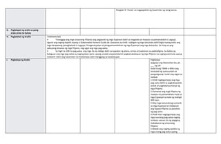 Pangkat IV- Poster na nagpapakita ng kasarinlan ng ating bansa.
G. Paglalapat ng aralin sa pang-
araw-araw na buhay
H. Paglalahat ng Arallin TANDAAN MO
• Tinanggap ang mga sinaunang Pilipino ang pagpasok ng mga Espanyol dahil sa maganda at maayos na pamamalakd ni Legazpi,
ngunit ang naging kapalit niyang si Gobernador-heneral Guido de Lavezares ay hindi naibigan ng mga katutubo dahil bigla niyang inalis ang
mga karapatang ipinagkaloob ni Legazpi. Pinagmalupitan at pinagsamantalahan ng mga Espanyol ang mga katutubo. Sa hirap at png-
aabusong dinanas ng mga Pilipino, nag-ugat ang mga pag-aalsa.
• Sa higit na 100 na pag-aalsa, ang mga ito ay nabigo dahil sa kawalan ng plano, armas at kaalaman sa pakikidigma. Sa kabila ng
kabiguan ang mga pag-aalsa ay naging daan parin upang umalab ang damdamin pagkamakabayan ng mga Pilipino na naging panimula upang
makamit natin ang kasarinlan na tinatamasa natin hanggang sa kasalukuyan.
I. Pagtataya ng Aralin Pagtataya
Ipagawa ang Natutuhan Ko, ph.
___ ng LM
Isulat kung TAMA o MALI ang
isinasaad ng sumusunod na
pangungusap. Isulat ang sagot sa
notbuk.
1.Hindi nagtagumpay ang mga
pag-aalsa dahil sa pagkakawatak-
watak at pagkakanya-kanya ng
mga Pilipino.
2.Dumanas ang mga Pilipino ng
maayos na pamamahala mula sa
mga Espanyol sa loob ng mahigit
300 taon.
3.May mga katutubong sumanib
sa mga Espanyol at nilabanan
ang kapwa Pilipino sa panahon
ng pag-aalsa.
4.Hindi man nagtagumpay ang
mga naunang pag-aalsa naging
simbolo naman ito ng pagiging
makabansa ng sinaunang
Pilipino.
5.Malaki ang naging epekto ng
mga unang pag-aalsa upang
 