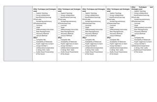 Other Techniques and Strategies
used:
___ Explicit Teaching
___ Group collaboration
___Gamification/Learning
throuh play
___ Answering preliminary
activities/exercises
___ Carousel
___ Diads
___ Differentiated Instruction
___ Role Playing/Drama
___ Discovery Method
___ Lecture Method
Why?
___ Complete IMs
___ Availability of Materials
___ Pupils’ eagerness to learn
___ Group member’s
collaboration/cooperation
in doing their tasks
___ Audio Visual Presentation
of the lesson
Other Techniques and Strategies
used:
___ Explicit Teaching
___ Group collaboration
___Gamification/Learning
throuh play
___ Answering preliminary
activities/exercises
___ Carousel
___ Diads
___ Differentiated Instruction
___ Role Playing/Drama
___ Discovery Method
___ Lecture Method
Why?
___ Complete IMs
___ Availability of Materials
___ Pupils’ eagerness to learn
___ Group member’s
collaboration/cooperation
in doing their tasks
___ Audio Visual Presentation
of the lesson
Other Techniques and Strategies
used:
___ Explicit Teaching
___ Group collaboration
___Gamification/Learning
throuh play
___ Answering preliminary
activities/exercises
___ Carousel
___ Diads
___ Differentiated Instruction
___ Role Playing/Drama
___ Discovery Method
___ Lecture Method
Why?
___ Complete IMs
___ Availability of Materials
___ Pupils’ eagerness to learn
___ Group member’s
collaboration/cooperation
in doing their tasks
___ Audio Visual Presentation
of the lesson
Other Techniques and Strategies
used:
___ Explicit Teaching
___ Group collaboration
___Gamification/Learning
throuh play
___ Answering preliminary
activities/exercises
___ Carousel
___ Diads
___ Differentiated Instruction
___ Role Playing/Drama
___ Discovery Method
___ Lecture Method
Why?
___ Complete IMs
___ Availability of Materials
___ Pupils’ eagerness to learn
___ Group member’s
collaboration/cooperation
in doing their tasks
___ Audio Visual Presentation
of the lesson
Other Techniques and
Strategies used:
___ Explicit Teaching
___ Group collaboration
___Gamification/Learning
throuh play
___ Answering preliminary
activities/exercises
___ Carousel
___ Diads
___ Differentiated Instruction
___ Role Playing/Drama
___ Discovery Method
___ Lecture Method
Why?
___ Complete IMs
___ Availability of Materials
___ Pupils’ eagerness to learn
___ Group member’s
collaboration/cooperation
in doing their tasks
___AudioVisual Presentation
of the lesson
 