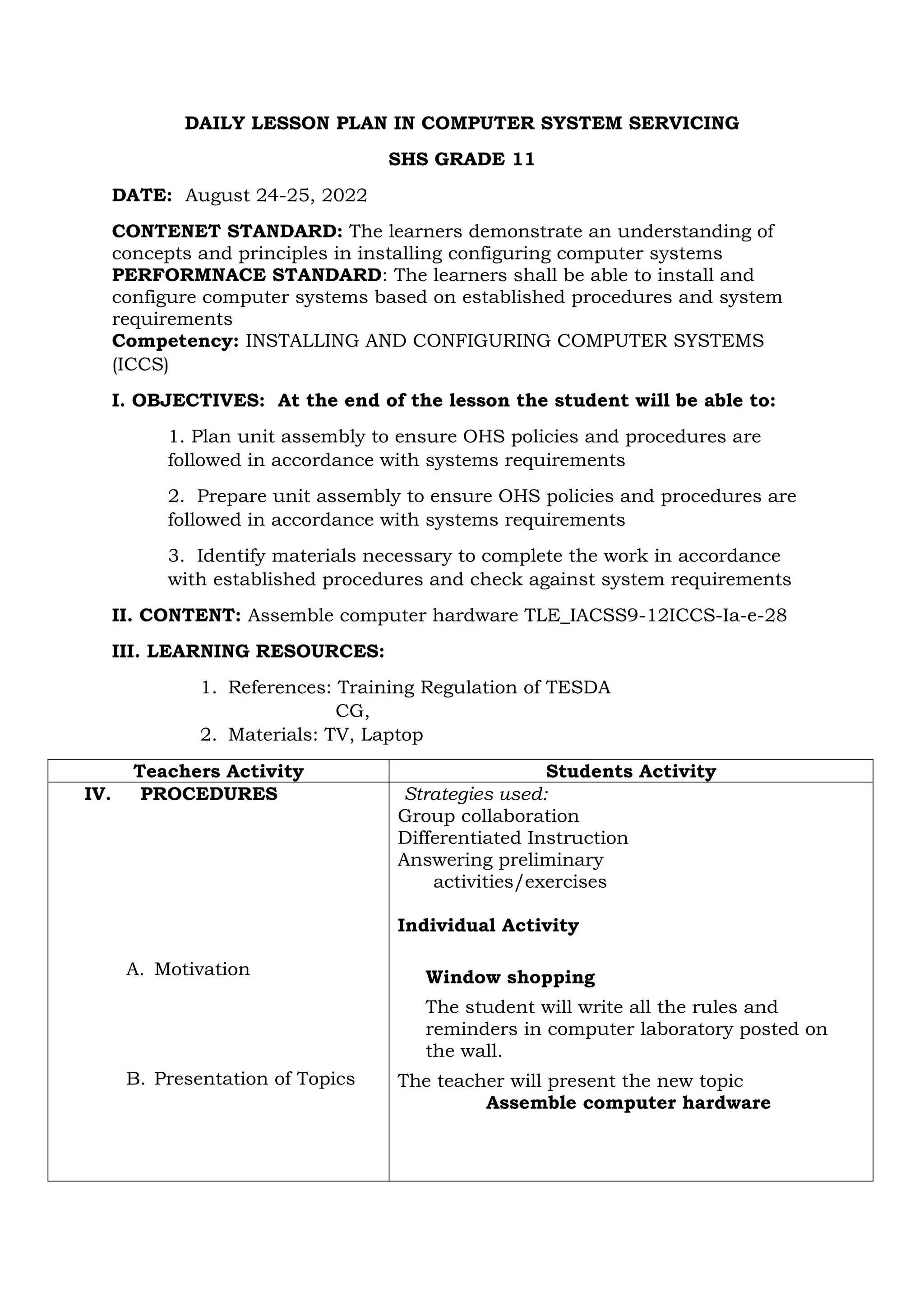 DAILY LESSON PLAN COMPUTER SYSTEM SERVICING | DOCX | Education