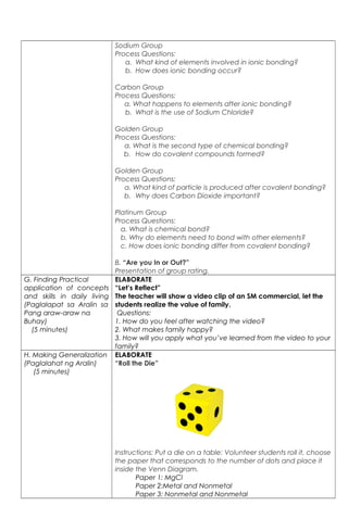 Sodium Group
Process Questions:
a. What kind of elements involved in ionic bonding?
b. How does ionic bonding occur?
Carbon Group
Process Questions:
a. What happens to elements after ionic bonding?
b. What is the use of Sodium Chloride?
Golden Group
Process Questions:
a. What is the second type of chemical bonding?
b. How do covalent compounds formed?
Golden Group
Process Questions:
a. What kind of particle is produced after covalent bonding?
b. Why does Carbon Dioxide important?
Platinum Group
Process Questions:
a. What is chemical bond?
b. Why do elements need to bond with other elements?
c. How does ionic bonding differ from covalent bonding?
B. “Are you In or Out?”
Presentation of group rating.
G. Finding Practical
application of concepts
and skills in daily living
(Paglalapat sa Aralin sa
Pang araw-araw na
Buhay)
(5 minutes)
ELABORATE
“Let’s Reflect”
The teacher will show a video clip of an SM commercial, let the
students realize the value of family.
Questions:
1. How do you feel after watching the video?
2. What makes family happy?
3. How will you apply what you’ve learned from the video to your
family?
H. Making Generalization
(Paglalahat ng Aralin)
(5 minutes)
ELABORATE
“Roll the Die”
Instructions: Put a die on a table: Volunteer students roll it, choose
the paper that corresponds to the number of dots and place it
inside the Venn Diagram.
Paper 1: MgCl
Paper 2:Metal and Nonmetal
Paper 3: Nonmetal and Nonmetal
 
