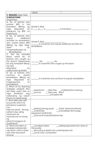 Water
V. REMARKS (Mga Tala)
VI.REFLECTIONS
(Pagninilay)
A. No. of learners who
earned 80% in the
Evaluation (Bilang ng
mga Mag-aaral na
Nakakuha ng 80% na
Pagtataya)
Grade 9- Rizal
5 ______4____ 3 _______________ 2 and below __________________
B. No. of learners who
require additional
activities for remediation
who scored below 80%
(Bilang ng mga Mag-
aaral na
nangangailangan ng
Remediation)
Grade 9- Rizal ______________________
________# of learners who require additional activities for
remediation
C. Did the remedial
lesson work? No. of
learners who caught up
the lesson? (Nakatulong
ba ang remedial? Bilang
ng mga
Mag-aaral na
nakaunawa ng Aralin)
________ Yes ________ No
________# of learners who caught up the lesson
D. No. of learners who
continue to require
remediation. (Bilang ng
mga Mag-aaral na
magpapatuloy sa
remediation)
________# of learners who continue to require remediation
E. Which of my teaching
strategies worked? Why
did these work? (Alin sa
mga Estratihiya ang
nakatulong ng lubos?
Paano ito nakatulong)
___Experiment ___Role Play ___Collaborative Learning
___Lecture ___Discovery Why?
____________________Complete IMs
F. What difficulties did I
encounter which my
principal or supervisor
can
help me solve? (Anong
suliranin ang aking
naranasan na
nasulusyunan sa tulong
ng
aking Punongguro at
Superbisor?)
___Bullying among pupils ___Pupils’ behavior/attitude
___Colorful/Ms ___Unavailable technology
equipment (AVR/LCD)
___Science/Computer/Internet lab
G. What innovation or
localized material did I
use which I wish to share
with other teachers?
(Anong
___Localized videos ___Making big books from views of
the locality
___Recycling of plastics for contemporary arts
___Local music composition
 