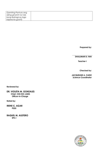 Gamiting Panturo ang
aking ginamit na nais
kong ibahagi sa mga
kapwa ko guro?)
Prepared by:
SHALLIMAR D. FAN
Teacher I
Checked by:
JACQUELINE A. CADIZ
Science Coordinator
Reviewed by:
DR. VIOLETA M. GONZALES
Chief, CID/OIC-ASDS
Officer-In-Charge
Noted by:
IRENE C. AGAR
PSDS
RAQUEL M. AUSTERO
EPS-I
 