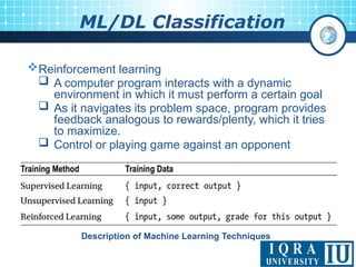 ML/DL Classification
Reinforcement learning
 A computer program interacts with a dynamic
environment in which it must perform a certain goal
 As it navigates its problem space, program provides
feedback analogous to rewards/plenty, which it tries
to maximize.
 Control or playing game against an opponent
Description of Machine Learning Techniques
 