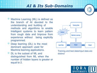 9
AI & Its Sub-Domains
 Machine Learning (ML) is defined as
the branch of AI devoted to the
understanding and building of
methods and algorithms to enable
Intelligent systems to learn pattern
from rough data and Improve from
experience without being explicitly
programmed.
 Deep learning (DL) is the most
dominant approach used for
Machine learning applications.
 DL is the subset of ML and
distinguished from ML when the
number of hidden layers is greater or
equal to 2.
Training and test data/input data are
distinct
 