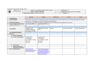 Annex 2B.6 to Dep Ed Order No. 42, s. 2016
GRADES 1 TO 12
DAILY LESSON LOG
School DEL CARMEN NATIONAL HIGH SCHOOL Grade Level 11
Teacher ROLAN L. BELTRAN Learning Area Empowerment Technologies
Teaching Date and Time January 16-20, 2017 Quarter 3rd
Monday Tuesday Wednesday Thursday Friday
XIX.OBJECTIVES
S. Content Standards The learners demonstrate an understanding of the use of advanced tools and techniques found in common productivity and software
applications in developing ICT content for specific professional tracks.
T. Performance Standards Ther learners uses common productivity tools effectively by maximizing advanced application techniques.
U. Learning Competencies/Objectives
Write the LC Code for each
CS_ICT11/12-ICTPT-Ic-d-
5
CS_ICT11/12-ICTPT-Ic-d-
5
XX. CONTENT ADVANCED AND
COMPLEX FORMULAS
AND COMPUTATIONS
EMBEDDED FILES AND
DATA
Review Periodic Examination Periodic Examination
XXI.LEARNING RESOURCES
G. References
19. Teacher’s guide pages
20. Learner’s material pages Empowerment
Technologies
by: Innovative Training
Works, Inc.
pp. 41-48
Empowerment
Technologies
by: Innovative Training
Works, Inc.
pp. 49-58
21. Textbook pages
4. Additional Materials from
Learning Resources(LR) portal
B. Other Learning Resources http://www.excel-
easy.com/introduction/for
mulas-functions.html
https://www.youtube.com
/watch?v=Ukwu5xfMR3M
http://www.gcflearnfree.or
g/powerpoint2013/embed
ding-an-excel-chart/1/
 