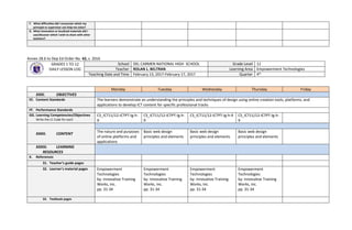 F. What difficulties did I encounter which my
principal or supervisor can help me solve?
G. What innovation or localized materials did I
use/discover which I wish to share with other
teachers?
Annex 2B.6 to Dep Ed Order No. 42, s. 2016
GRADES 1 TO 12
DAILY LESSON LOG
School DEL CARMEN NATIONAL HIGH SCHOOL Grade Level 11
Teacher ROLAN L. BELTRAN Learning Area Empowerment Technologies
Teaching Date and Time February 13, 2017-February 17, 2017 Quarter 4th
Monday Tuesday Wednesday Thursday Friday
XXXI. OBJECTIVES
EE. Content Standards The learners demonstrate an understanding the principles and techniques of design using online creation tools, platforms, and
applications to develop ICT content for specific professional tracks
FF. Performance Standards
GG. Learning Competencies/Objectives
Write the LC Code for each
CS_ICT11/12-ICTPT-Ig-h-
9
CS_ICT11/12-ICTPT-Ig-h-
9
CS_ICT11/12-ICTPT-Ig-h-9 CS_ICT11/12-ICTPT-Ig-h-
9
XXXII. CONTENT
The nature and purposes
of online platforms and
applications
Basic web design
principles and elements
Basic web design
principles and elements
Basic web design
principles and elements
XXXIII. LEARNING
RESOURCES
K. References
31. Teacher’s guide pages
32. Learner’s material pages Empowerment
Technologies
by: Innovative Training
Works, Inc.
pp. 31-34
Empowerment
Technologies
by: Innovative Training
Works, Inc.
pp. 31-34
Empowerment
Technologies
by: Innovative Training
Works, Inc.
pp. 31-34
Empowerment
Technologies
by: Innovative Training
Works, Inc.
pp. 31-34
33. Textbook pages
 