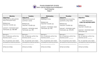 PLANZA ELEMENTARY SCHOOL
DAILY LOG OF LESSON PLAN IN ENGLISH 2
Fourth Quarter
Week 7
Monday Tuesday Wednesday Thursday Friday
Objectives:
Noting and recalling details
about the poem read
References:
Teacher’s Guide: pp.
Learner’s Materials Used:
Textbooks pp. 486-489
Objectives:
Identifyantonyms of
common words
References:
Teacher’s Guide: pp.
Learner’s Materials Used:
Textbooks pp. 490
Objectives:
Reading a story
References:
Teacher’s Guide: pp.
Learner’s Materials Used:
Textbooks pp. 492
Objective:
Reading and answering
questions using table
References:
Teacher’s Guide: pp.
Learner’s Materials Used:
Textbooks pp. 493-495
Objective:
Poem Recitation
CARE FOR MOTHER EARTH
References:
Teacher’s Guide: pp.
Learner’s Materials Used:
Textbooks pp.
Remark s:
No. of Learners within the
Mastery Level: _______
No. of Learners who need
remediation/reinforcements
____________________________
Other Activities:
Remark s:
No. of Learners within the
Mastery Level: _______
No. of Learners who need
remediation/reinforcements
__________________
Other Activities:
Remark s:
No. of Learners within the
Mastery Level: _______
No. of Learners who need
remediation/reinforcements
______________________
Other Activities:
Remark s:
No. of Learners within the
Mastery Level: _______
No. of Learners who need
remediation/reinforcements
__________________________
Other Activities:
Remark s:
No. of Learners within the
Mastery Level: _______
No. of Learners who need
remediation/reinforcements
_________________
Other Activities:
 