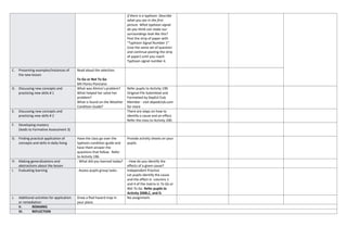 if there is a typhoon. Describe
what you see in the first
picture. What typhoon signal
do you think can make our
surroundings look like this?
Post the strip of paper with
“Typhoon Signal Number 1”.
(Use the same set of question
and continue posting the strip
of paper) until you reach
Typhoon signal number 4.
C. Presenting examples/Instances of
the new lesson
Read aloud the selection.
To Go or Not To Go
Mil Flores-Ponciano
D. Discussing new concepts and
practicing new skills # 1
What was Almira’s problem?
What helped her solve her
problem?
What is found on the Weather
Condition Guide?
Refer pupils to Activity 199.
Original File Submitted and
Formatted by DepEd Club
Member - visit depedclub.com
for more
E. Discussing new concepts and
practicing new skills # 2
There are steps on how to
identify a cause and an effect.
Refer the class to Activity 200.
F. Developing mastery
(leads to Formative Assessment 3)
G. Finding practical application of
concepts and skills in daily living
Have the class go over the
typhoon condition guide and
have them answer the
questions that follow. Refer
to Activity 196.
Provide activity sheets on your
pupils.
H. Making generalizations and
abstractions about the lesson
- What did you learned today? - How do you identify the
effects of a given cause?
I. Evaluating learning . Assess pupils group tasks. Independent Practice
Let pupils identify the cause
and the effect in columns 1
and 4 of the matrix in To Go or
Not To Go. Refer pupils to
Activity 200B,C, and D.
.
J. Additional activities for application
or remediation
Draw a flod hazard map in
your place.
No assignment. .
V. REMARKS
VI. REFLECTION
 