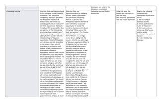 developed and rules for the
debate are established.
I.Evaluating learning Direction: Give your opinion/stand
on the following articles. MANILA,
Philippines - Sen. Ferdinand
"Bongbong" Marcos Jr. perceives
the Philippines' rejection of
bilateral talks with China as a
wasted opportunity to resolve the
maritime dispute over the South
China Sea. "China opened the door
and we shut it. The Chinese said
let's talk and we snubbed them,"
Marcos said during a media forum,
adding that the country failed to
take advantage of the given
opportunity. China to Philippines:
Let's sit down and talk According
to the senator, there are only
three ways to resolve the said
dispute: by war, adjudication or
multilateral or bilateral
agreements. Marcos ruled out war
and arbitration since the Chinese
would not recognize the latter. "So
talk, and tell them: we are not
happy with what you are doing
and we do not agree with what
you are doing. But the next thing
you say is: how do we fix this?"
the senator said. The Senate
Committee of Foreign Relations
chair noted that the Philippines
will not lose anything if accept
China's invitation to a dialogue on
the maritime dispute. "We should
talk to China bilaterally because it
is still the best option. Our Filipino
businessmen can also help by
reaching out to their Chinese
counterparts and friends in China
and try to come up with a solution
that will persuade both
governments to, at least, sit down
Direction: Give your
opinion/stand on the following
articles. MANILA, Philippines -
Sen. Ferdinand "Bongbong"
Marcos Jr. perceives the
Philippines' rejection of bilateral
talks with China as a wasted
opportunity to resolve the
maritime dispute over the South
China Sea. "China opened the
door and we shut it. The Chinese
said let's talk and we snubbed
them," Marcos said during a
media forum, adding that the
country failed to take advantage
of the given opportunity. China to
Philippines: Let's sit down and
talk According to the senator,
there are only three ways to
resolve the said dispute: by war,
adjudication or multilateral or
bilateral agreements. Marcos
ruled out war and arbitration
since the Chinese would not
recognize the latter. "So talk, and
tell them: we are not happy with
what you are doing and we do
not agree with what you are
doing. But the next thing you say
is: how do we fix this?" the
senator said. The Senate
Committee of Foreign Relations
chair noted that the Philippines
will not lose anything if accept
China's invitation to a dialogue
on the maritime dispute. "We
should talk to China bilaterally
because it is still the best option.
Our Filipino businessmen can also
help by reaching out to their
Chinese counterparts and friends
in China and try to come up with
Evaluating learning/ Rubric
Assessment
Using Fish bowl, the
teacher will call pupils to
read the story
with accuracy, appropriate
rate and proper expression
Rewrite the following
sentences with
appropriate punctuation
marks.
1. Are you fond of
watching movies
2. Oh my gosh I lost my
wallet at the concert
3. We have no classes
tomorrow, Mrs. Ramos
told her pupils
4. Atlanta is the capital of
Georgia
5. I live in Malibu Tuy
Batangas
 