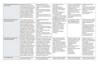 C.Presenting Examples/ instances of
the new lesson
Comprehension Check- up
Elephants are mammals that
are distinguished by their large
or massive size and long trunk
which is used for breathing,
smelling, touching, feeding,
drinking, lifting heavy objects,
and trumpeting. They are
equally remarkable for their
gallons of water. Elephants
Comprehension Check- up
Penguins are interesting animals.
Penguins are birds with black and
white
feathers but they are not able to
fly. Their webbed feet help them
paddle under
water.
Penguins do not have teeth. They
have a beak with a hooked end to
help
There are three types of
explanations.
“Explanation texts are
frequently incorporated into
other texts, used to provide
information
which answers questions of
interest on that topic”
— literacyideas.com
• Sequential – tells the detail of
the stages in an event ex: how a
caterpillar turns into a moth.
• Causal – tells the details that
causes the change from one
stage to the next ex: How a
president is elected.
• Theoretical – states detail of
the possible phenomena
behind a natural or created
process
that is not fully understood. ex
What caused the Nazi's to lose
World War II.
a. Who among you have
diaries?
Do you enjoy making a diary?
What do you write in a diary?
When do you usually write
your diary?
b. Let’s read Bea’s diary.
(Teacher Made)
D.Discussing new concepts and
practicing new skills #1
1 tusks which are extremely
long teeth that keep growing
during the elephant’s life. Their
tusks are made of ivory for
which elephants have always
been hunted. Adults elephants
have little hair on their thick,
wrinkled skin; but their tails are
tipped with wiry hair, and their
eyelashes can be over five (5)
inches long. Elephants are
great eaters, consuming up to
225 kilos of leaves, bark, fruit.,
a Comprehension Check- up
INSECTS
Insects are found anywhere. They
are either harmful or beneficial. The
butterfly and
the bee are beneficial. They help
pollinate the flowers. The dragonfly
is also a helpful
insect. It eats other insects that
destroy plants.
Ants, flies, cockroaches, aphids,
termites, and mosquitoes are insect
pests. They
destroy our crops and homes, cause
An explanation text is similar to
a procedural text, and these can
often be confusing,
however an explanation text
explains the how and why
behind a process such as:
• What causes a Tsunami?
• Why are our rain forests
disappearing?
• The process of making
aluminum.
An explanation text tells
how something works or
why something happens.
Direction : Read the selection
silently. Then, give the main
idea and the supporting
ideas.
Everybody enjoys beautiful
surroundings. So, everyone
should help maintain an
attractive, well- kept, and
clean community. You can
start in your own home and
backyard.
Keep your house and its
surroundings free from
E.Discussing new concepts and
practicing new skills #2
Discussion: The text above is an
example of a text that classifies
or describes. The topic in the
text is elephants. According to
the writer, elephants are
classified as mammals that are
distinguished by their large or
massive size and long trunk
which is used for breathing,
smelling, touching, feeding,
drinking, lifting heavy objects,
and trumpeting. The purpose
of the author or writer is to.
Discussion: The text above is an
example of a text that classifies
or describes. The topic in the
text is elephants. According to
the writer, elephants are
classified as mammals that are
distinguished by their large or
massive size and long trunk
which is used for breathing,
smelling, touching, feeding,
drinking, lifting heavy objects,
and trumpeting. The purpose of
the author or writer is to
A procedural text generally
instructs how to make or do
something such as
recipe. Although they appear
similar they are very different
when compared side by side.
In this text, the process on how
magma is formed in the core of
the earth and how it is
spewed out as lava when a
volcano erupts is explained in
detail.
Direction: I have here a box
with strips of paper. You will
get one and try to use it in
meaningful sentence.
along the seashore
beside her
Between the participants
in the classroom
Next door among the pupils
Inside the jail
after recess
From a distance
through the year
Direction: Listen to the
selection carefully. Then, get
the main idea and the details
that support it.
The Philippines celebrates
three national holidays
regularly each year. These
are National Heroes’ Day on
November 30, Rizal day on
December 30, and
Independence Day on June
12. These are the holidays
that Filipinos remember
easily. They are the most
F.Developing Mastery Read the passages then answer
the questions that follow:
Read the passages then answer
the questions that follow:
Read the- following paragraph.
Tell which of these text type
Read the- following paragraph.
Tell which of these text type
Direction: Read the selection
about Snow White. Then, do
 