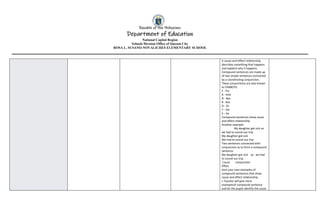 Republic of the Philippines
Department of Education
National Capital Region
Schools Division Office of Quezon City
ROSA L. SUSANO-NOVALICHES ELEMENTARY SCHOOL
A cause-and-effect relationship
describes something that happens
and explains why it happens.
Compound sentences are made up
of two simple sentences connected
by a coordinating conjunction.
These conjunctions are also known
as FANBOYS:
F - For
A - And
N - Nor
B - But
O - Or
Y - Yet
S – So
Compound sentences show cause
and effect relationship
Another example:
My daughter got sick so
we had to cancel our trip.
My daughter got sick
We had to cancel our trip.
Two sentences connected with
conjunction so to form a compound
sentence.
My daughter got sick so we had
to cancel our trip.
Cause conjunction
Effect
Give your own examples of
compound sentences that show
cause and effect relationship.
c.Teacher will give more
examplesof compound sentence
and let the pupils identify the cause
 