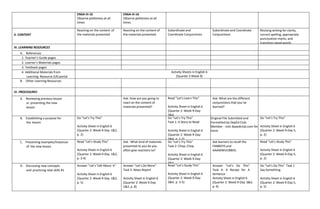 EN6A-IIi-16
Observe politeness at all
times
EN6A-IIi-16
Observe politeness at all
times
II. CONTENT
Reacting on the content of
the materials presented
Reacting on the content of
the materials presented
Subordinate and
Coordinate Conjunctions
Subordinate and Coordinate
Conjunctions
Revising writing for clarity,
correct spelling, appropriate
punctuation marks, and
transition signal words
III. LEARNING RESOURCES
A. References
1. Teacher’s Guide pages
2. Learner’s Materials pages
3. Textbook pages
4. Additional Materials from
Learning Resource (LR) portal
Activity Sheets in English 6
(Quarter 2:Week 9)
B. Other Learning Resources
IV. PROCEDURES
A. Reviewing previous lesson
or presenting the new
lesson
Ask: How are you going to
react on the content of
materialspresented?
Read “Let’s Learn This”
Activity Sheet in English 6
(Quarter 2: Week 9-Day
3&4,
p. 1)
Ask: What are the different
conjunctions that you’ve
learned?
B. Establishing a purpose for
the lesson
Do “Let’s Try This”
Activity Sheet in English 6
(Quarter 2: Week 9-Day 1&2,
p. 2)
Do “Let’s Try This”
Task 1: A Story to Read
Activity Sheet in English 6
(Quarter 2: Week 9-Day
3&4, p. 1-2)
Original File Submitted and
Formatted by DepEd Club
Member - visit depedclub.com for
more
Do “Let’s Try This”
Activity Sheet in English 6
(Quarter 2: Week 9-Day 5,
p. 2)
C. Presenting examples/instances
of the new lesson
Read “Let’s Study This”
Activity Sheet in English 6
(Quarter 2: Week 9-Day 1&2,
p. 3-4)
Ask : What kind of materials
presented to you do you
often give reactions to?
Do “Let’s Try This”
Task 2: Chop, Chop
Activity Sheet in English 6
(Quarter 2: Week 9-Day
3&4,
p. 3)
Ask learners to recall the
FANBOYS and
AAAWWUUBBIIS.
Read “Let’s Study This”
Activity Sheet in English 6
(Quarter 2: Week 9-Day 5,
p. 2)
D. Discussing new concepts
and practicing new skills #1
Answer “Let’s Talk About It”
Activity Sheet in English 6
(Quarter 2: Week 9-Day 1&2,
p. 5)
Answer “Let’s Do More”
Task 3: News Report
Activity Sheet in English 6
(Quarter 2: Week 9-Day
1&2, p. 8)
Read “Let’s Study This”
Activity Sheet in English 6
(Quarter 2: Week 9-Day
3&4, p. 3-5)
Answer “Let’s Do This”
Task 4: A Recipe for A
Sentence
Activity Sheet in English 6
(Quarter 2: Week 9-Day 3&4,
p. 6)
Do “Let’s Do This” Task 1
Say Something
Activity Sheet in English 6
(Quarter 2: Week 9-Day 5,
p. 5)
 
