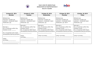 DAILY LOG OF LESSON PLAN
EDUKASYON SA PAGPAPAKATAO 2
Second Quarter
October 20 , 2014 October 21, 2014 October 22, 2014 October 23, 2014 October 24, 2014
Monday Tuesday Wednesday Thursday Friday
References:
Teacher’s Guide: pp.
Learner’s Materials Used:
Textbooks pp.
References:
Teacher’s Guide: pp.
Learner’s Materials Used:
Textbooks pp.
References:
Teacher’s Guide: pp.
Learner’s Materials Used:
Textbooks pp.
References:
Teacher’s Guide: pp.
Learner’s Materials Used:
Textbooks pp. 60-61
References:
Teacher’s Guide: pp.
Learner’s Materials Used:
Textbooks pp.
Remark s:
No. of Learners within the
Mastery Level: _______
No. of Learners who need
remediation/reinforcements
___________________________
Other
Activities_____________
___________________________
_________________________
Remark s:
No. of Learners within the
Mastery Level: _______
No. of Learners who need
remediation/reinforcements
__________________
Other
Activities_____________
___________________________
_________________________
Remark s:
No. of Learners within the
Mastery Level: _______
No. of Learners who need
remediation/reinforcements
______________________
Other Activities_____________
___________________________
_________________________
Remark s:
No. of Learners within the
Mastery Level: _______
No. of Learners who need
remediation/reinforcements
__________________________
Other Activities_____________
___________________________
_________________________
Remark s:
No. of Learners within the
Mastery Level: _______
No. of Learners who need
remediation/reinforcements_
________________-___
Other Activities_____________
____________________________
________________________
 