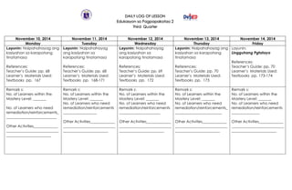 DAILY LOG OF LESSON
Edukasyon sa Pagpapakatao 2
Third Quarter
November 10, 2014 November 11, 2014 November 12, 2014 November 13, 2014 November 14, 2014
Monday Tuesday Wednesday Thursday Friday
Layunin: Naipahahayag ang
kasiyahan sa karapatang
tinatamasa
References:
Teacher’s Guide: pp. 68
Learner’s Materials Used:
Textbooks pp. 167
Layunin: Naipahahayag
ang kasiyahan sa
karapatang tinatamasa
References:
Teacher’s Guide: pp. 68
Learner’s Materials Used:
Textbooks pp. 168-171
Layunin: Naipahahayag
ang kasiyahan sa
karapatang tinatamasa
References:
Teacher’s Guide: pp. 69
Learner’s Materials Used:
Textbooks pp. 172
Layunin: Naipahahayag ang
kasiyahan sa karapatang
tinatamasa
References:
Teacher’s Guide: pp. 70
Learner’s Materials Used:
Textbooks pp. 173
Layunin:
Lingguhang Pgtataya
References:
Teacher’s Guide: pp. 70
Learner’s Materials Used:
Textbooks pp. 173-174
Remark s:
No. of Learners within the
Mastery Level: _______
No. of Learners who need
remediation/reinforcements_
___________________________
Other Activities_____________
____________________________
________________________
Remark s:
No. of Learners within the
Mastery Level: _______
No. of Learners who need
remediation/reinforcements
__________________
Other Activities_____________
____________________________
________________________
Remark s:
No. of Learners within the
Mastery Level: _______
No. of Learners who need
remediation/reinforcements
______________________
Other Activities_____________
____________________________
________________________
Remark s:
No. of Learners within the
Mastery Level: _______
No. of Learners who need
remediation/reinforcements_
_________________________
Other Activities_____________
____________________________
________________________
Remark s:
No. of Learners within the
Mastery Level: _______
No. of Learners who need
remediation/reinforcements
_______________
Other Activities_____________
____________________________
________________________
 