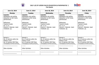DAILY LOG OF LESSON PLAN IN EDUKASYON SA PAGPAPAKATAO 2
First Quarter
June 16, 2014 June 17, 2014 June 18, 2014 June 19, 2014 June 20, 2014
Monday Tuesday Wednesday Thursday Friday
Layunin:
Naisakikilos ang sariling
kakayahan sa iba’t ibang
pamamaraan.
References:
Teacher’s Guide:
pp: 11-13
Learner’s Materials Used:
Textbooks pp.
Layunin:
Naisakikilos ang sariling
kakayahan sa iba’t ibang
pamamaraan.
References:
Teacher’s Guide:
pp: 11-13
Learner’s Materials Used:
Textbooks pp.
Layunin:
Naisakikilos ang sariling
kakayahan sa iba’t ibang
pamamaraan.
References:
Teacher’s Guide:
pp: 11-13
Learner’s Materials Used:
Textbooks pp.
Layunin:
Naisakikilos ang sariling
kakayahan sa iba’t ibang
pamamaraan.
References:
Teacher’s Guide:
pp: 11-13
Learner’s Materials Used:
Textbooks pp.
Layunin:
Naisakikilos ang sariling
kakayahan sa iba’t ibang
pamamaraan.
References:
Teacher’s Guide:
pp: 11-13
Learner’s Materials Used:
Textbooks pp.
Remark s:
No. of Learners within the
Mastery Level: _______
No. of Learners who need
remediation/reinforcements__
____________________
Other Activities
_________________________
___________________
Remark s:
No. of Learners within the
Mastery Level: _______
No. of Learners who need
remediation/reinforcements__
_____
Other Activities:
_________________________
___________________
Remark s:
No. of Learners within the
Mastery Level: _______
No. of Learners who need
remediation/reinforcements__
____________________
Other Activities:
_________________________
___________________
Remark s:
No. of Learners within the
Mastery Level: _______
No. of Learners who need
remediation/reinforcements__
____________________
Other Activities:
_________________________
___________________
Remark s:
No. of Learners within the
Mastery Level: _______
No. of Learners who need
remediation/reinforcements__
____________________
Other Activities:
_________________________
___________________
 