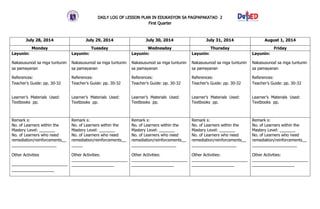 DAILY LOG OF LESSON PLAN IN EDUKASYON SA PAGPAPAKATAO 2
First Quarter
July 28, 2014 July 29, 2014 July 30, 2014 July 31, 2014 August 1, 2014
Monday Tuesday Wednesday Thursday Friday
Layunin:
Nakasusunod sa mga tuntunin
sa pamayanan
References:
Teacher’s Guide: pp. 30-32
Learner’s Materials Used:
Textbooks pp.
Layunin:
Nakasusunod sa mga tuntunin
sa pamayanan
References:
Teacher’s Guide: pp. 30-32
Learner’s Materials Used:
Textbooks pp.
Layunin:
Nakasusunod sa mga tuntunin
sa pamayanan
References:
Teacher’s Guide: pp. 30-32
Learner’s Materials Used:
Textbooks pp.
Layunin:
Nakasusunod sa mga tuntunin
sa pamayanan
References:
Teacher’s Guide: pp. 30-32
Learner’s Materials Used:
Textbooks pp.
Layunin:
Nakasusunod sa mga tuntunin
sa pamayanan
References:
Teacher’s Guide: pp. 30-32
Learner’s Materials Used:
Textbooks pp.
Remark s:
No. of Learners within the
Mastery Level: _______
No. of Learners who need
remediation/reinforcements__
____________________
Other Activities
_________________________
___________________
Remark s:
No. of Learners within the
Mastery Level: _______
No. of Learners who need
remediation/reinforcements__
_____
Other Activities:
_________________________
___________________
Remark s:
No. of Learners within the
Mastery Level: _______
No. of Learners who need
remediation/reinforcements__
____________________
Other Activities:
_________________________
___________________
Remark s:
No. of Learners within the
Mastery Level: _______
No. of Learners who need
remediation/reinforcements__
____________________
Other Activities:
_________________________
___________________
Remark s:
No. of Learners within the
Mastery Level: _______
No. of Learners who need
remediation/reinforcements__
____________________
Other Activities:
_________________________
___________________
 