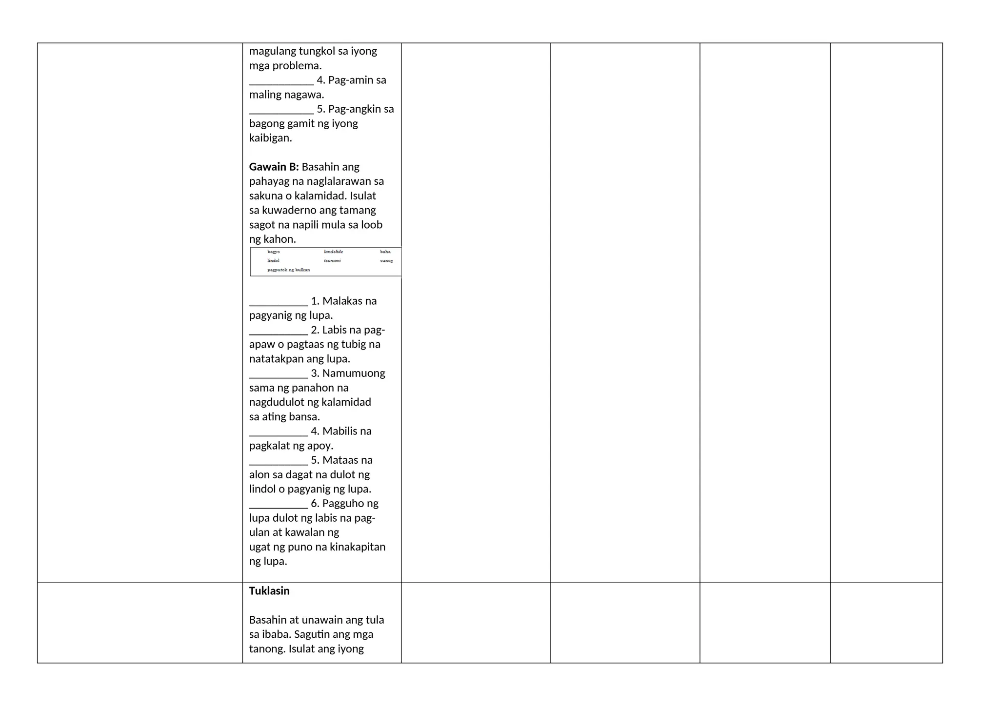 magulang tungkol sa iyong
mga problema.
___________ 4. Pag-amin sa
maling nagawa.
___________ 5. Pag-angkin sa
bagong gamit ng iyong
kaibigan.
Gawain B: Basahin ang
pahayag na naglalarawan sa
sakuna o kalamidad. Isulat
sa kuwaderno ang tamang
sagot na napili mula sa loob
ng kahon.
__________ 1. Malakas na
pagyanig ng lupa.
__________ 2. Labis na pag-
apaw o pagtaas ng tubig na
natatakpan ang lupa.
__________ 3. Namumuong
sama ng panahon na
nagdudulot ng kalamidad
sa ating bansa.
__________ 4. Mabilis na
pagkalat ng apoy.
__________ 5. Mataas na
alon sa dagat na dulot ng
lindol o pagyanig ng lupa.
__________ 6. Pagguho ng
lupa dulot ng labis na pag-
ulan at kawalan ng
ugat ng puno na kinakapitan
ng lupa.
Tuklasin
Basahin at unawain ang tula
sa ibaba. Sagutin ang mga
tanong. Isulat ang iyong
 