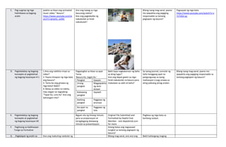 C. Pag-uugnay ng mga
halimbawa sa bagong
aralin
Ipakita sa klase ang animated
music video “ Basura”.
https://www.youtube.com/w
atch?v=gVqDQ_ye9kE
Ano ang tawag sa mga
basurang nakita?
Ano ang pagkakaiba ng
nabubulok sa hindi
nabubulok?
Bilang isang mag-aaral, paano
mo ipapakita ang pagiging
responsable sa tamang
pagtapon ng basura?
Pagsayaw ng mga bata
https://www.youtube.com/watch?v=v
7zTVdJn-gc
D. Pagtatalakay ng bagong
konsepto at paglalahad
ng bagong kasanayan # 1
1.Ano ang nakikita ninyo sa
video?
2. Paano itinapon ng mga bata
ang basura?
3. Tama ba ang ginawa ng
mga bata? Bakit?
4. Batay sa video na nakita,
may slogan na nagsabing
“Tapat Ko, Linis Ko” Ano ang
kahulugan nito?
Pagpangkat sa klase sa apat
Tema:
‘Basura Ko, Sagot Ko.’
Pangkat Gawain
Unang
pangkat
Magpapakita
ng dula-
dulaan
Ikalawang
pangkat
Sayawit
Ikatlong
pangkat
Paggawa ng
anunsyo
Ika-apat na
pangkat
Paggawa ng
tula
Bakit kaya nagkakaroon ng baha
sa ating lugar?
Ano ang dapat gawin sa mga
hindi nabubulok na basura para
makaiwas sa sakit at baha?
Sa iyong journal, sumulat ng
tatlo hanggang apat na
pangungusap sa iyong
realisasyon o pag-unawa sa
ating paksang pinag-aralan.
Bilang isang mag-aaral, paano mo
ipapakita ang pagiging responsable sa
tamang pagtapon ng basura?
E. Pagtatalakay ng bagong
konsepto at paglalahad
ng bagong kasanayan #2
Bigyan sila ng limang minuto
para sa preparasyon at
karagdagang dalawang
minuto sa presentasyon.
Original File Submitted and
Formatted by DepEd Club
Member - visit depedclub.com
for more
Pagbasa ng mga bata sa
kanilang output.
F. Paglinang sa Kabihasaan
Tungo sa Formative
Anong batas ang nagsasaad
tungkol sa tamang pagtapon ng
basura?
G. .Paglalapat ng aralin sa Ano ang mabuting naidulot ng Bilang mag-aaral, ano ano ang Bakit kailangang maging
 