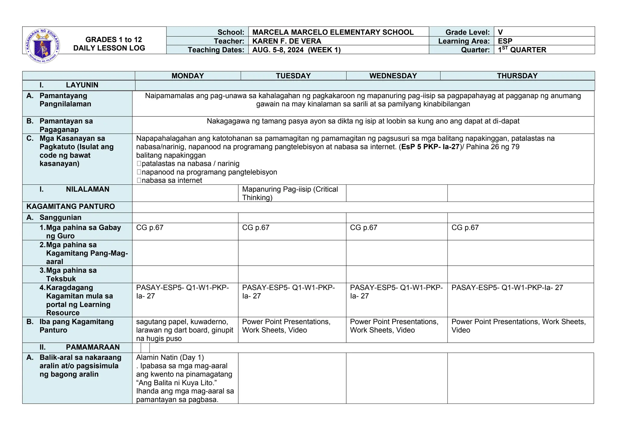 Lesson plan in Edukasyon sa pagpapakatao PDF