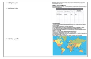 6. Paglalapat ng Aralin
7. Paglalahat ng Aralin
8. Pagtatataya ng Aralin
Para sa iyo mabuti o masama ba ang nagging epekto ng Unang yugto ng kolonisasyon at iperyalismo?
Patunayan mo ang iyong sagot.
GAWAIN 5: Talahanayan Ng Manlalayag
Panuto: Batay sa binasa mong teksto, punan ang talahanayan ng hinihinging mga impormasyon tungkol sa
mga nanguna sa eksplorasyon.
Pamprosesong tanong
1. Sino-sino ang personalidad na nanguna sa paglalayag? Saang bansa sila nagmula? Anong lugar ang
kanilang nakarating?
2. Bakit mahalaga ang pagkakatuklas nila sa mga bagong lupain?
3. Ano-anong katangian ang ipinamalas ng mga manlalayag na nanguna sa paggalugad sa daigdig?
4. Paano nakatulong ang mga manlalayag na ito sa paglawak ng kapangyarihan ng Europe?
5. Kung ikaw ang naatasang maglakbay sa isang lugar na wala pang nakararating, papayag ka ba? Bakit?
GAWAIN 6: Pin The Flag
Alam mo na ba kung ano-ano ang mga bansang nanguna sa eksplorasyon?
Muling alamin ang mga bansang ito at ang mga lugar na kanilang nasakop.
Panuto: Sa tulong ng mapa sa ibaba, tukuyin ang mga bansang Kanluranin na nanguna sa eksplorasyon sa
pamamagitan ng paglalagay ng watawat nito.
Gayundin, tapatan ng watawat ng Kanluranin ang mga lugar na kanilang narating at nasakop.
 