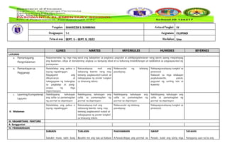 LAYUNIN
a. Pamantayang
Pangnilalaman
Naipamamalas ng mga mag-aaral ang kakayahan sa pagbasa, pagsulat at pakikipagtalastasan nang wasto upang maipahayag
ang kaalaman, ideya at damdaming angkop sa kaniyang edad at sa kulturang kinabibilangan at nakikilahok sa pagpapaunlad ng
pamayanan.
b. Pamantayan sa
Pagganap
Natatalakay ang paksa o
isyung napakinggan.
Nagagamit ang
diksyonaryo at
nakagagawa ng balangkas
sa pagkalap at pang-
unawa ng mga
impormasyon.
Naisasalaysay muli ang
nabasang kwento nang may
tamang pagkasunod-sunod at
nakagagawa ng poster tungkol
sa binasang teksto.
Nakasusulat ng talatang
pasalaysay.
Nakapagsasalaysay tungkol sa
pinanood.
Nakasali sa mga talakayan
pagkukuwento, patula,
pagsulat ng sariling tula at
kuwento
c. Learning Kompetensi/
Layunin
Nabibigyang kahulugan
ang salita sa pamamagitan
ng pormal na depinisyon
Nabibigyang kahulugan ang
salita sa pamamagitan ng
pormal na depinisyon
Nabibigyang kahulugan ang
salita sa pamamagitan ng
pormal na depinisyon
Nabibigyang kahulugan ang
salita sa pamamagitan ng
pormal na depinisyon
II. Nilalaman
Natatalakay ang paksa o
isyung napakinggan.
Naisasalaysay muli ang
nabasang kwento nang may
tamang pagkasunod-sunod at
nakagagawa ng poster tungkol
sa binasang teksto.
Nakasusulat ng talatang
pasalaysay.
Nakapagsasalaysay tungkol sa
pinanood.
III. KAGAMITANG PANTURO
A. Sanggunian
IV. PAMAMARAAN
SUBUKIN
Subukin muna natin kung
TUKLASIN
Basahin mo ang tula sa ibabaw
PAGYAMANIN
A.Panuto:Ibigay ang pormal na
ISAISIP
Panuto: Isulat ang iyong mga
TAYAHIN
Hanggang saan na ba ang
Pangalan: SHARIZZA S. SUMBING AntasatPangkat: IV
Designasyon: T-1 Asignatura: FILIPINO
Petsa at oras SEPT. 5 – SEPT. 9, 2022 Markahan Una
LUNES MARTES MIYERKULES HUWEBES BIYERNES
 