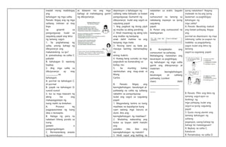 madali mong maibibigay
ang
kahulugan ng mga salita.
Panuto: Ibigay ang ng mga
salitang initiman at may
linya
na ginamit sa
pangungusap. Isulat sa
sagutang papel ang letra
ng tamang sagot.
1. Sa paghahanap ng
salita, anong bahagi ng
diksyunaryo ang
makatutulong sa iyo?
A. pamatnubay na salita C.
pabalat
B. kahulugan D. wastong
baybay
2. Ang mga salita sa
diksiyonaryo ay may
_____________na
kahulugan.
A. pormal na kahulugan C.
di-pormal
B. payak na kahulugan D.
sunod-sunod
3. Isa sa mga inaasam ng
aking ina ang
makapagpatayo ng
isang maliit na tindahan.
A. Proseso ng
pagpapaunawa ng isang
idea o konsepto.
B. Halaga ng pera na
nakalaan bilang pondo sa
isang
gawain o
pangangailangan.
C. Permanenteng estado
ng panunuluyan.
at kilalanin mo ang mga
bahagi at mahalagang gamit
ng diksiyonaryo.
depinisyon o kahulugan ng
salitang naka-italisado sa bawat
pangungusap. Gumamit ng
diksyunaryo. Isulat ang sagot sa
sagutang papel.
1. Ang paghuni ng ibong pipit
ay musika sa aking pandinig.
2. Hindi maaninag ng aking lolo
ang mukha ng kaniyang
anak dahil mahina na ang
kanyang mga mata.
3. Noong kami ay bata pa,
masaya kaming namamaybay
sa
aming bukirin.
4. Huwag kang sumuko sa mga
pagsubok na dumarating sa
buhay mo.
5. Sa munting bahay
naninirahan ang mag-anak ni
Mang
Carlos
B. Panuto: Ibigay ang
kasingkahulugan, kasalungat at
pahiwatig na salita ng salitang
nakaitim sa pangungusap.
Isulat ang sagot sa sagutang
papel.
1. Magandang tumira sa isang
maaliwas na kapaligiran kung
saan walang mga basura at
dumi. Ano ang
kasingkahulugan ng maaliwas?
2. Madaling nakarating ang
kotse sa bayan dahil matulin
ang
patakbo nito. Ano ang
kasingkahulugan ng matulin?
3. Hindi sapat ang katiting na
natutuhan sa aralin. Sagutin
ang
sumusunod na tanong sa
nakalaang espasyo sa iyong
sagutang
papel.
A. Punan ang sumusunod na
talahayanan:
B. Kompletuhin ang
sumusunod na pahayag.
Mahalagang matutuhan ang
kasanayan sa pagbibigay
ng kahulugan ng mga salita
gamit ang diksiyonaryo at
malaman
ang kasingkahulugan,
kasalungat, at salitang
pahiwatig (context
clues) dahil
________________________________
________________________________
______
iyong natutuhan? Naging
malawak na ba ang iyong
kaalaman sa pagbibigay-
kahulugan ng
mga salita?
A. Panuto: Basahing mabuti
ang bawat pahayag. Ibigay
ang
pormal na depinisyon ng mga
initimang salita sa usapan na
makikita sa pagpipiliang
sagot. Isulat ang letra ng
tamang
sagot sa sagutang papel.
B. Panuto: Piliin ang letra ng
tamang sagot ayon sa
hinihingi ng
mga pahayag. Isulat ang
sagot sa iyong sagutang
papel
3. Gusto mong alamin ang
tamang kahulugan ng
salitang
pagaspas, saang bahagi ng
bahagi ito matatagpuan?
A. Baybay na salita C.
Katuturan
B. Pamatnubay na salita D.
 
