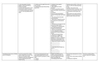 3. Isulat ang pangalan ng iyong
kaibigan sa loob ng parisukat at
kulayan ito ng dilaw.
4. Gumuhit ng isang bulaklak na may
limang talulot, kulayan ito ng pula.
5. Sa salitang mahaba,palitan ang titik
h ng titik t,isulat ang bagong salita na
nabuo.
4. Malakas ang ulan kagabi kaya naman
kami ay binaha.
5. Mapapalad ang mga batang walang
kapansanan.
4. Madalas kaming maglaro
magkakaibigan.
5. May videoke ba sa iyong
kaarawan?
B. Basahin ang maikling kuwento,
igawa ng balangkas ang dalawang uri
ng tao
sa kuwento.
Kausap ng isang batang bagong
dating sa kanilang lugar ang kanyang
lola.
―Lola, baka po hindi ako mawili
rito,‖ sabi ng bata.
―Bakit hindi ka mawiwili? Kumusta
ba ang mga tao sa inyong lugar?‖
tanong
ng lola.
―Mababait po at masasaya ang mga
tao sa amin,‖ sagot ng bata.
―Makakakita ka rin ng mga taong
may magandang kalooban at
mabubuti rito,‖ sabi ng lola.
―Mayroon din pong hindi mababait
sa amin. Magugulo at walang
pakundangansa kapwa,‖ dagdag pa
ng bata.
―Mayroon din nitong mahilig
makipag-away at lagging nag-
iinuman,‖ sabi ng lola. ―Nasa
pagtingin mo sa tao at sa kapaligiran
ang ikaaayos o ikalulungkot mo sa
buhay,‖ ang nakaniting sabi ng lola.
I. Magandang Katangian ng mga Tao
A. ________________
B. ________________
C. ________________
D. ________________
II. Hindi Magandang Katangian ng
mga Tao
A______________
B. ________________
C. ________________
D. ________________
ang pakiramdam ng bata. Tumayo ang
mga ito sa tabi niya upang mag-abang
din ng
sasakyan, maya-maya ay may
humintong sasakyan sa harapan ni Paul.
Sasakay na sana siya subalit nakita niya
na namimilipit sa sakit ng tiyan ang
bata.
Nagmamadali siya sa pag-uwi dahil sa
pagagalitan siya ng ina kapag nahuli sa
pag-uwi subalit naawa siya sa bata.
J.Karagdagang Gawain para sa takdang
aralin at remediation
Sumulat ng isang panuto na dapat
sundin sa pagluluto ng sinaing. Kung
hindi mo ito susundin, anong
magalang na pananalita ang gagamitin
mo para maipahayag ang iyong
panghihinayang
Sumulat ng pangungusap gamit ang
mga salitang naglalarawan at isulat
kung ito ay ginamit ng pang-uri o pang-
abay.
1. taimtim
2. matipid
Magbasa ng maikling kuwento,
pumili ng salitang pamilyar at di-
pamilyar at ibigay ang kahulugan.
Igawa ng balangkas ang
mahahalagang impormasyon
Isulat ang mga pangungusap sa anyong
patalata.
A. Siya si Mina, nasa ika-apat na baiting
na siya.
B. Mahilig siya sa mga libro.
Manood ng maikling pelikula,
ilarawan ang tauhan at tagpuan
nito.
 