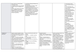 kanila. Iguhit ito sa loob ng isang
malaking parisukat.
3. Kung kayo si Noe ano-ano ang mga
tagubilin o panuto na ibibigay mo sa
iyong
pamilya upang maging karapat-dapat
kayo sa pagliligtas ng Panginoon.
Magbigay ng 4-5 panuto na dapat
sundin o isakatuparan ng bawat
miyembro ng pamilya.
na titik/salita habang ipinababasa ang
pangungusap).
Ano ang salitang may bilog sa unang
pangungusap?Saang salita ito
ikinabit?Anong titik ang sinusundan ng
salitang ng?Kapag ang sinusundang
salita ay nagtatapos sa i,ano ang ating
ginagamit ?Bukod sa i,lahat ng salitang
nagtatapos sa patinig ay ginagamitan
natin ng pang-angkop na ng.
(Talakayin ang gamit ng g at na bilang
pang-angkop sa mga sumusunod na
pangungusap)
5. Ano ang nais ni Eva?
6. Ano ang mga katangian ni
Eva?
7. Ano ang nalaman niya
mula sa kanyang lola tungkol
sa mga sirena?
8. Ano ang ginawa ng hari
pagsapit ng ikalabingwalong
kaarawan ni Eva?
9. Paano inilarawan ni Eva
ang mundong nakita niya?
10. Sino ang nakita niya sa
ibabaw ng karagatan?
11. Ano ang nangyari sa
prinsipe?
12. Nakita ba ni prinsipe
kung sino ang nagligtas sa
kanya? Bakit?
13. Ano ang naramdaman ni
Eva?
14. Saan sila
nagpunta?Bakit?
15. Ano ang nangyari kay
Eva sa piling ng prinsipe?
16. Ano ang gagawin ni Eva
para magbalik siya sa dating
anyo? Ginawa ba niya ito?
Bakit?
17. Ano ang wakas ng
kwento.
F.Paglinang na
Kabihasaan
Gagawin ng bawat pangkat ang mga
panutong kanilang napili at isusulat sa
manila paper para sa pagpapakita sa
kamag-aaral.
Pangkat 1 – Gumuhit ng isang bilog.
Isulat sa loob ng bilog ang pangalan ng
pangunahing tauhan sa kwento.
Gumuhit ng tatsulok sa ilalim ng bilog.
Isulat sa loob ng tatsulok ang bilang ng
titik na bumubuo sa pangalan ng
tauhan.
Pangkat 2 – Isulat huling buwan ng
taon at ikulong sa kahon ang unang
titik nito.
Bilugan naman ang huling titik.
Pangkat 3 – Gumuhit ng isang paso na
may halamang may tatlong bulaklak at
Punan ng wastong pang-angkop ang
patlang.
1. Matulin ___ tumakbo si Lydia de
Vega.
2. Umiyak ang bata nang minsan__
iwanan ng nanay.
3. Ang mga mag-aral ay matatalino___
bata.
4. Binigyan ko siya ng mababango__
bulaklak.
5. May ibibigay akong sampu__
bulaklak.
Pangkatang Gawain
Pangkat I- Iguhit ang mga kulisap na
nabanggit sa tula. Ilarawan ang mga
ito.
Pangkat II- Gumawa ng tula na
nagsaad kung bakit mahalaga ang
mga kulisap.
Pangkat III-Sumulat ng mga paraan
kung paano makakatulong upang
huwag mawal ang mga mahahaagang
kulisap sa ating kapaligiran.
Pangkat IV-Gumawa ng islogan
tungkol sa kahalagahan ng mga
kulisap.
Basahin ang talata at sagutin ang
mga tanong sa ibaba.
Pangkaraniwang empleyado ng
gobyerno si Mang Danny. Araw-
araw, maaga pa ay nasa opisina
na siya at naglilinis. Ugali na
niyang linisin ang tanggapan ng
punong-lungsod tuwing umaga.
Mabait, masipag at
mapagkakatiwalaan si Mang
Danny. Isang araw, sa pagpasok
niya sa loob ng tanggapan ay may
napansin siyang isang supot sa
tabi ng upuan. Dinampot niya ito
sa pag-aakalang mga basura ang
laman nito. Anong gulat niya
nang makitang mga dadaanin ang
Isusulat o ipakikita ng guro
ang mga kasagutan sa
tanong sa talakayan.
Ipaliwanag sa mga bata na
ito ang huod ng kwento o
maikling pelikulang
napanood.
Kung kayo ang magbibigay
ng wakas para sa kuwento,
ano ang inyong gagawing
wakas nito?
 