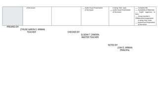 of the lesson ___ Audio Visual Presentation
of the lesson
in doing their tasks
___ Audio Visual Presentation
of the lesson
___ Complete IMs
___ Availability of Materials
___ Pupils’ eagerness to
learn
___ Group member’s
collaboration/cooperation
in doing their tasks
___AudioVisual Presentation
of the lesson
PREARED BY:
ZYRUSE AARON D. ARMIAN
TEACHER CHECKED BY:
ELGEAN T. ZAMORA
MASTER TEACHER
NOTED BY:
LEAH D. ARMIAN
PRINCIPAL
 
