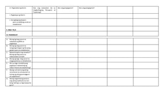 H. PaglalahatngAralin Ano ang natutuhan mo sa
magkaibigang Paruparo at
Tipaklong?
Ano angpangngalan? Ano ang pangngalan?
I. Pagtataya ng Aralin
J. KaragdagangGawain
para sa takdang-aralin at
remediation
V. MGA TALA
VI. PAGNINILAY
A. Bilangngmag-aaral na
nakakuha ng 80% sa
pagtataya
B. Bilang ngmag-aaral na
nangangailangan ngiba pang
gawain para sa remediation
C. Nakatulongba angremedial?
Bilangngmag-aaral na
nakaunawa sa aralin
D. Bilangngmga mag-aaral na
magpapatuloy sa remediation
E. Alin sa mga istratehiyang
pagtuturo nakatulongng
lubos? Paano ito nakatulong?
F. Anong suliranin angaking
naranasan na solusyunan sa
tulong ng akingpunungguro
at superbisor?
G. Anong kagamitangpanturo
ang akingnadibuho na nais
kong ibahagi sa mga kapwa ko
guro?
 