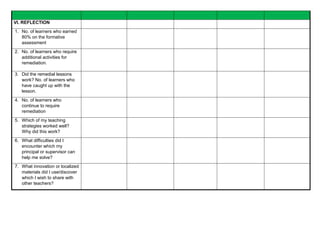 VI. REFLECTION
1. No. of learners who earned
80% on the formative
assessment
2. No. of learners who require
additional activities for
remediation.
3. Did the remedial lessons
work? No. of learners who
have caught up with the
lesson.
4. No. of learners who
continue to require
remediation
5. Which of my teaching
strategies worked well?
Why did this work?
6. What difficulties did I
encounter which my
principal or supervisor can
help me solve?
7. What innovation or localized
materials did I use/discover
which I wish to share with
other teachers?
 
