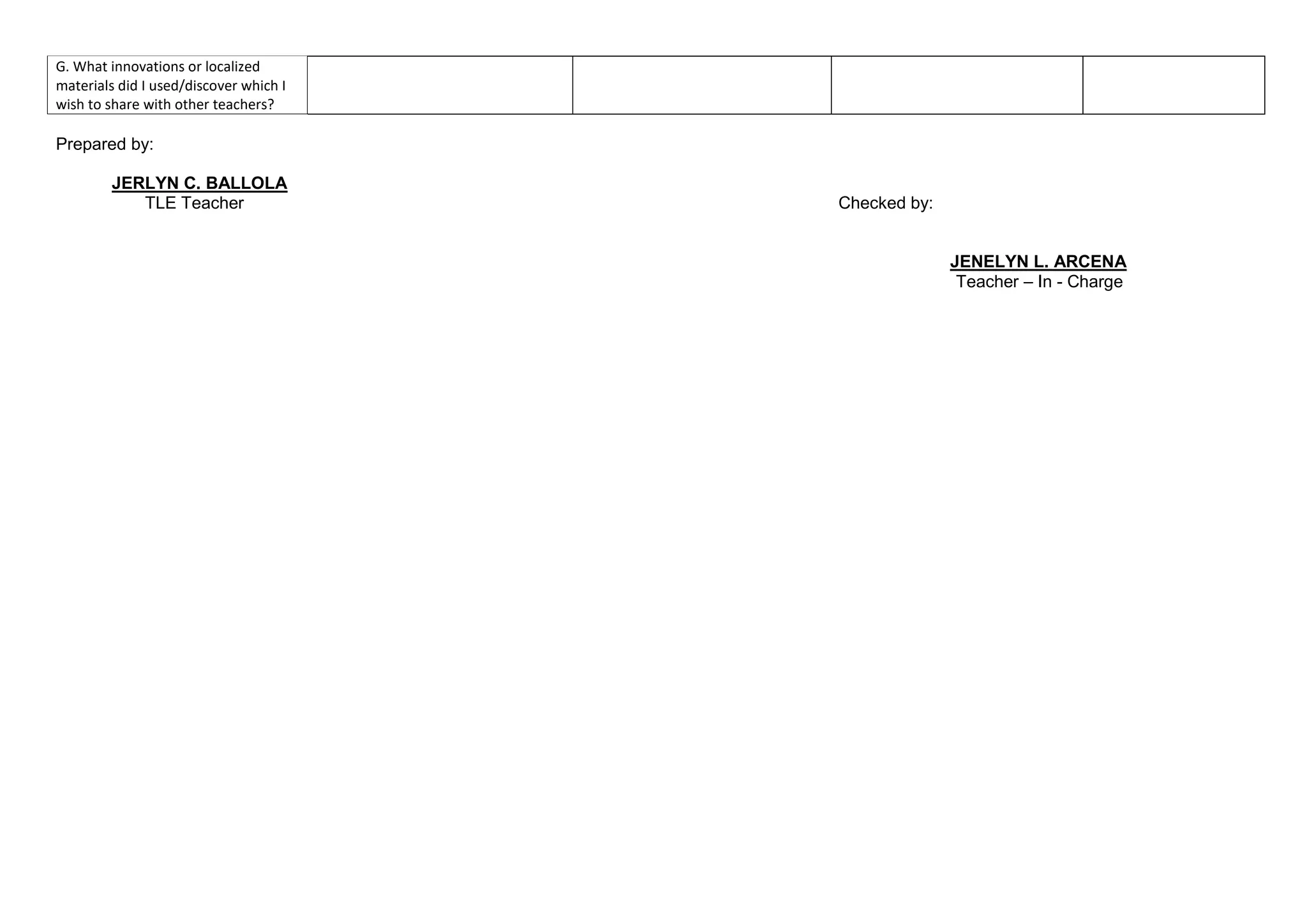 G. What innovations or localized
materials did I used/discover which I
wish to share with other teachers?
Prepared by:
JERLYN C. BALLOLA
TLE Teacher Checked by:
JENELYN L. ARCENA
Teacher – In - Charge
 