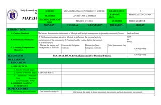 Daily Lesson Log On Grade 9 Physical Education and Health | DOCX