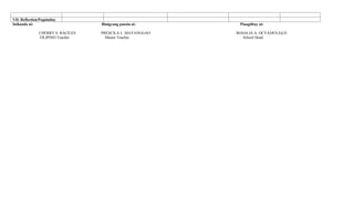 VII. Reflection/Pagninilay
Inihanda ni: Binigyang pansin ni: Pinagtibay ni:
CHERRY S. RACILES PRESCILA L. MAYANGGAO ROSALIA A. OCYADEN,Ed.D
FILIPINO Teacher Master Teacher School Head
 