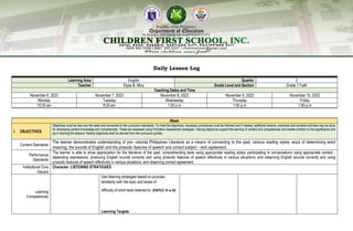 Daily Lesson Log
Learning Area English Quarter 2
Teacher Elysa B. Micu Grade Level and Section Grade 7 Faith
Teaching Dates and Time
November 6, 2023 November 7, 2023 November 8, 2023 November 9, 2023 November 10, 2023
Monday Tuesday Wednesday Thursday Friday
10:20 am 8:20 am 1:00 p.m 1:00 p.m 1:00 p.m
Week
I. OBJECTIVES
Objectives must be met over the week and connected to the curriculum standards. To meet the objectives, necessary procedures must be followed and if needed, additional lessons, exercises and remedial activities may be done
for developing content knowledge and competencies. These are assessed using Formative Assessment strategies. Valuing objectives support the learning of content and competencies and enable children to find significance and
joy in learning the lessons. Weekly objectives shall be derived from the curriculum guides.
Content Standards
The learner demonstrates understanding of pre- colonial Philippines Literature as a means of connecting to the past; various reading styles; ways of determining word
meaning; the sounds of English and the prosodic features of speech and correct subject - verb agreement.
Performance
Standards
The learner is able to show appreciation for the literature of the past; comprehending texts using appropriate reading styles; participating in conversations using appropriate context -
depending expressions; producing English sounds correctly and using prosodic features of speech effectively in various situations; and observing English sounds correctly and using
prosodic features of speech effectively in various situations; and observing correct-agreement.
Institutional Core
Value/s
Character: LISTENING STRATEGIES
Learning
Competencies
Use listening strategies based on purpose,
familiarity with the topic and levels of
difficulty of short texts listened to: (EN7LC-II-a-6)
Learning Targets:
 