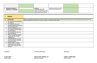J. Additional activities for
application or remediation
Assignment
F. ADDITIONAL ACTIVITIES
Sit down on your television and jot down
Titles of the Program you viewed. Then,
categorize each according to its genre.
Students will use the remaining time to
practice for their performance task.
I. REMARKS
II. REFLECTION
Reflect on your teaching and assess yourself as a teacher. Think about your students’ progress this week. What works? What else needs to be done to help the students learn? Identify what help your
instructional supervisors can provide for you so when you meet them, you can ask them relevant questions.
A. No. of learners who earned 80% in
the evaluation
B. No. of learners who require
additional activities for remediation
who scored below 80%
C. Did the remedial lessons work?
No. of learners who have caught
up with the lesson
D. No. of learners who continue to
require remediation
E. Which of my teaching strategies
worked well? Why did these
strategies work?
F. What difficulties did I encounter
which my principal or supervisor
can help me solve?
G. What innovation or localized
materials did I use or discover
which I wish to share with other
teachers?
Prepared by:
ELYSA B. MICU
Subject Teacher
Checked and Reviewed by:
JOHN CLYDE M. RANCHEZ, LPT
Academic Coordinator
Approved by:
TESSIE C. PASION, MAEd
School Principal
 