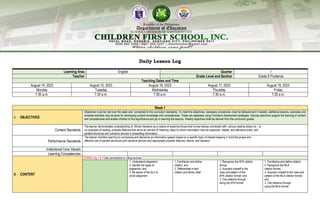Daily Lesson Log
Learning Area English Quarter 1
Teacher Grade Level and Section Grade 8 Prudence
Teaching Dates and Time
August 14, 2023 August 15, 2023 August 16, 2023 August 17, 2023 August 18, 2023
Monday Tuesday Wednesday Thursday Friday
7:30 a.m. 7:30 a.m. 7:30 a.m. 7:30 a.m. 7:30 a.m.
Week 1
I. OBJECTIVES
Objectives must be met over the week and connected to the curriculum standards. To meet the objectives, necessary procedures must be fallowed and if needed, additional lessons, exercises and
remedial activities may be done for developing content knowledge and competencies. These are assessed using Formative Assessment strategies. Valuing objectives support the learning of content
and competencies and enable children to find significance and joy in learning the lessons. Weekly objectives shall be derived from the curriculum guides.
Content Standards
The learner demonstrates understanding of: African literature as a means of exploring forces that human beings connected with; various reading styles vis – à-
vis purposes of reading; prosodic features that serve as carriers of meaning; ways by which information may be organized, related, and delivered orally; and
parallel structures and cohesive devices in presenting information.
Performance Standards
The learner transfers learning by composing and delivering an informative speech based on a specific topic of interest keeping in mind the proper and
effective use of parallel structures and cohesive devices and appropriate prosodic features, stance, and behavior
Institutional Core Value/s
Learning Competencies
II. CONTENT
EN8SS-IIIg-1.6.4 Use conventions in citing sources.
1. Understand plagiarism;
2. Identify the types of
plagiarism; and
3. Be aware of the do’s to
avoid plagiarism
1. Familiarize and define
citation; and
2. Differentiate in-text
citation and works cited.
1. Recognize the APA citation
format;
2. Acquaint oneself to the
rules and pattern of the
APA citation format; and
3. Cite citations through
using the APA format .
1. Familiarize and define citation;
2. Recognize the MLA
citation format;
3. Acquaint oneself to the rules and
pattern of the MLA citation format;
and
3. Cite citations through
using the MLA format .
 