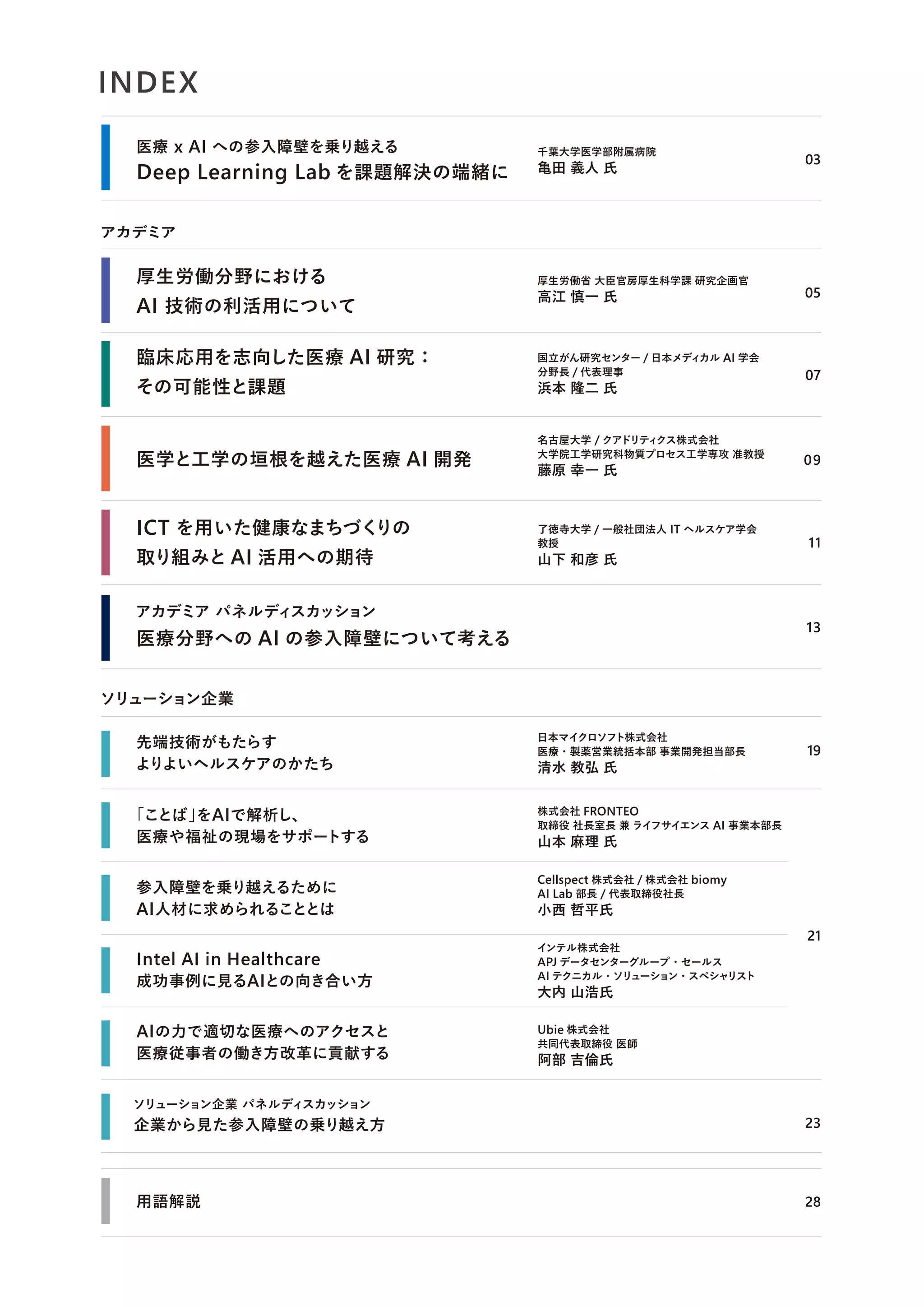 INDEX
03
05
07
09
11
13
医療 x AI への参入障壁を乗り越える
厚生労働分野における
AI 技術の利活用について
厚生労働省 大臣官房厚生科学課 研究企画官
高江 慎一 氏
臨床応用を志向した医療 AI 研究：
その可能性と課題
国立がん研究センター / 日本メディカル AI 学会
分野長 / 代表理事
浜本 隆二 氏
医学と工学の垣根を越えた医療 AI 開発
名古屋大学 / クアドリティ
クス株式会社
大学院工学研究科物質プロセス工学専攻 准教授
藤原 幸一 氏
ICT を用いた健康なまちづく
りの
取り組みと AI 活用への期待
アカデミア パネルディスカッション
了徳寺大学 / 一般社団法人 IT ヘルスケア学会
教授
山下 和彦 氏
日本マイクロソフト株式会社
医療・製薬営業統括本部 事業開発担当部長
清水 教弘 氏
株式会社 FRONTEO
取締役 社長室長 兼 ライフサイエンス AI 事業本部長
山本 麻理 氏
先端技術がもたらす
よりよいヘルスケアのかたち
19
「ことば」
をAIで解析し、
医療や福祉の現場をサポートする
Cellspect 株式会社 / 株式会社 biomy
AI Lab 部長 / 代表取締役社長
小西 哲平氏
参入障壁を乗り越えるために
AI人材に求められることとは
インテル株式会社
APJ データセンターグループ・セールス
AI テクニカル・ソリューション・スペシャリスト
大内 山浩氏
Intel AI in Healthcare
成功事例に見るAIとの向き合い方
AIの力で適切な医療へのアクセスと
医療従事者の働き方改革に貢献する
21
23
Ubie 株式会社
共同代表取締役 医師
阿部 吉倫氏
企業から見た参入障壁の乗り越え方
ソリューション企業 パネルディスカッション
千葉大学医学部附属病院
亀田 義人 氏
ソリューション企業
アカデミア
28
用語解説
Deep Learning Lab を課題解決の端緒に
医療分野への AI の参入障壁について考える
 
