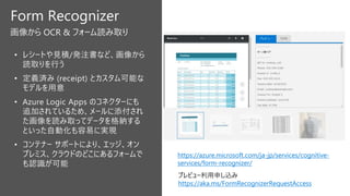 Form Recognizer
画像から OCR & フォーム読み取り
https://azure.microsoft.com/ja-jp/services/cognitive-
services/form-recognizer/
https://aka.ms/FormRecognizerRequestAccess
 